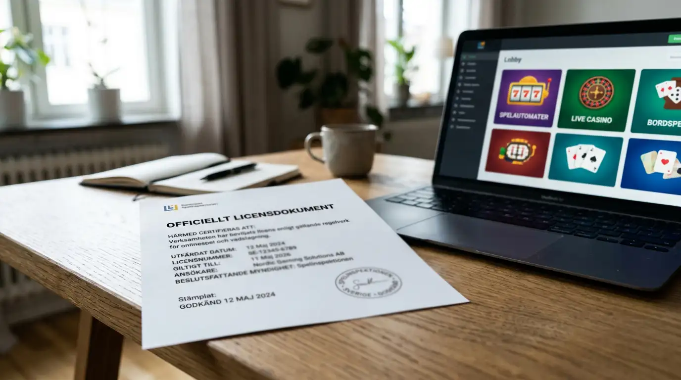 Casino utan spelpaus 2026 – neutralt licensdokument bredvid laptop med casinolobby